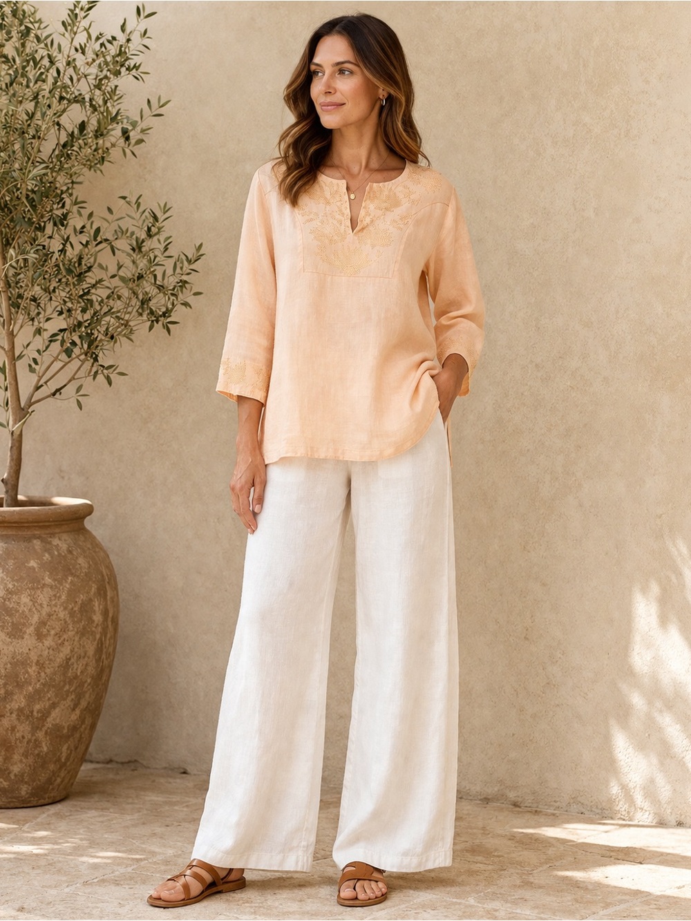 Edward Irish Linen Top Women L Embroidery Beaded 3/4 Sleeve Split Neck Peach